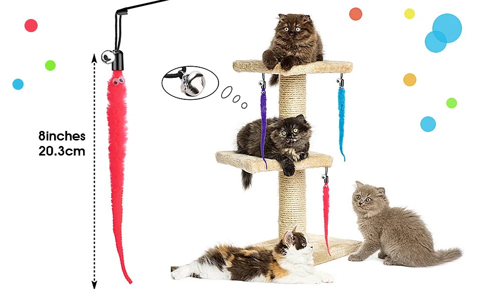Molain Cat Wand Toy Set -Cat Teaser+ 6Pcs Furry Tail Worms with Bells Interactive Cat Chaser Toys - Cat Interactive Toys