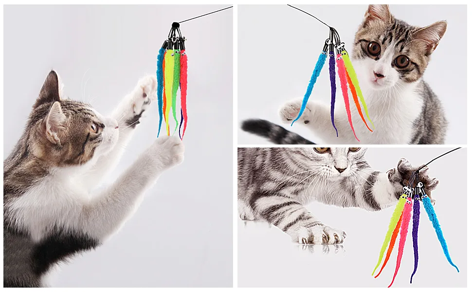 Molain Cat Wand Toy Set -Cat Teaser+ 6Pcs Furry Tail Worms with Bells Interactive Cat Chaser Toys - Interactive Cat Chaser Toys