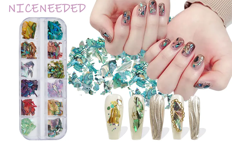 NICENEEDED 12 Colors Irregular Abalone Seashell Slices 3D Nail Art Shell Piece Nail Patch Mermaid Flakes for Nail Art Decoration Sequins Decals (Style 2) - Irregular Abalone Seashell Slices