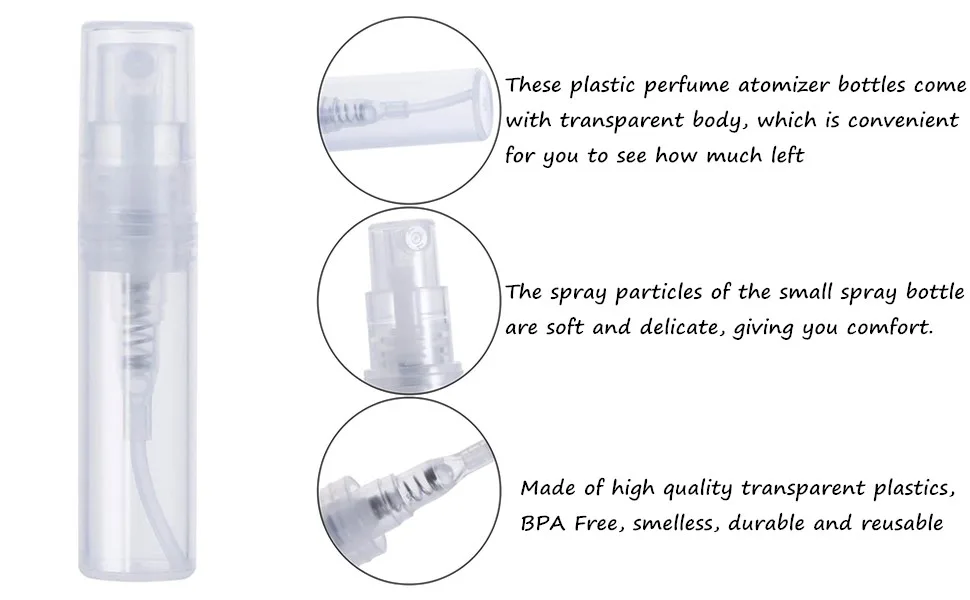 Voarge 30Pcs Mini Spray Atomizer Empty Bottles 2ml Spritzer Bottle Clear Plastic Refillable Bottle for Liquid Travel Party Makeup Tool Portable Perfume Empty Sample Bottle Sprayer - product information 3