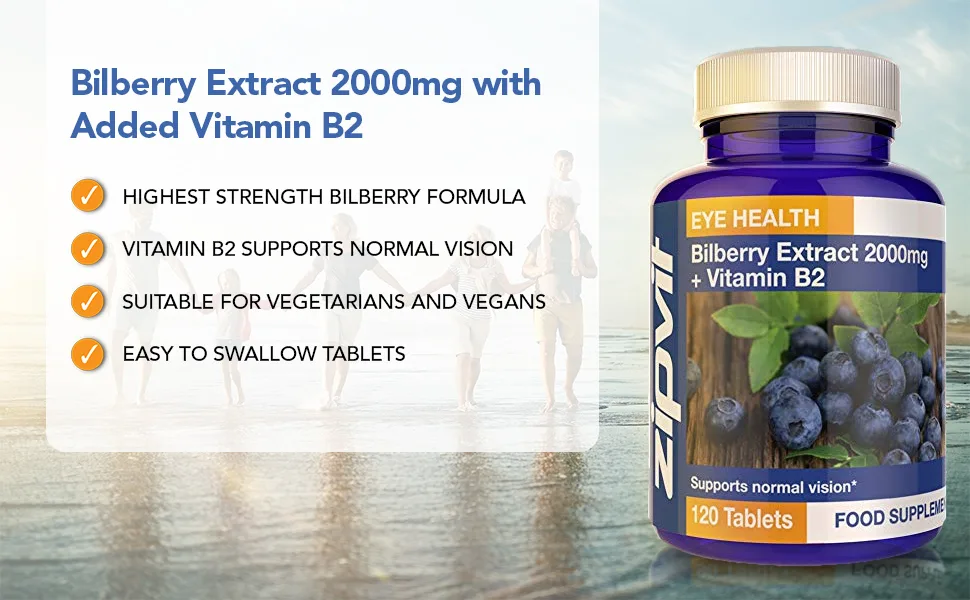 Bilberry Extract 2000mg with Added Vitamin B2 120 Vegan Tablets. Supports Normal Vision. Vegetarian Society Approved. UK Supplier - bilberry