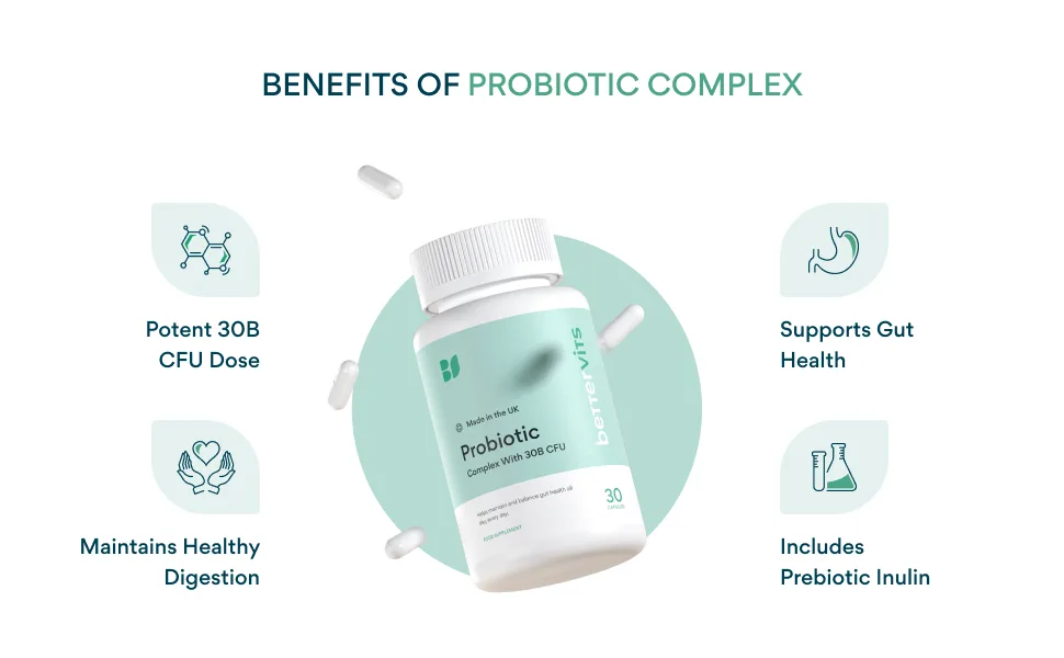 Bettervits Probiotic Complex | 30B CFU | Gut Health | Digestion | Bloating | IBS | with Prebiotic - Benefits of Probiotic Complex