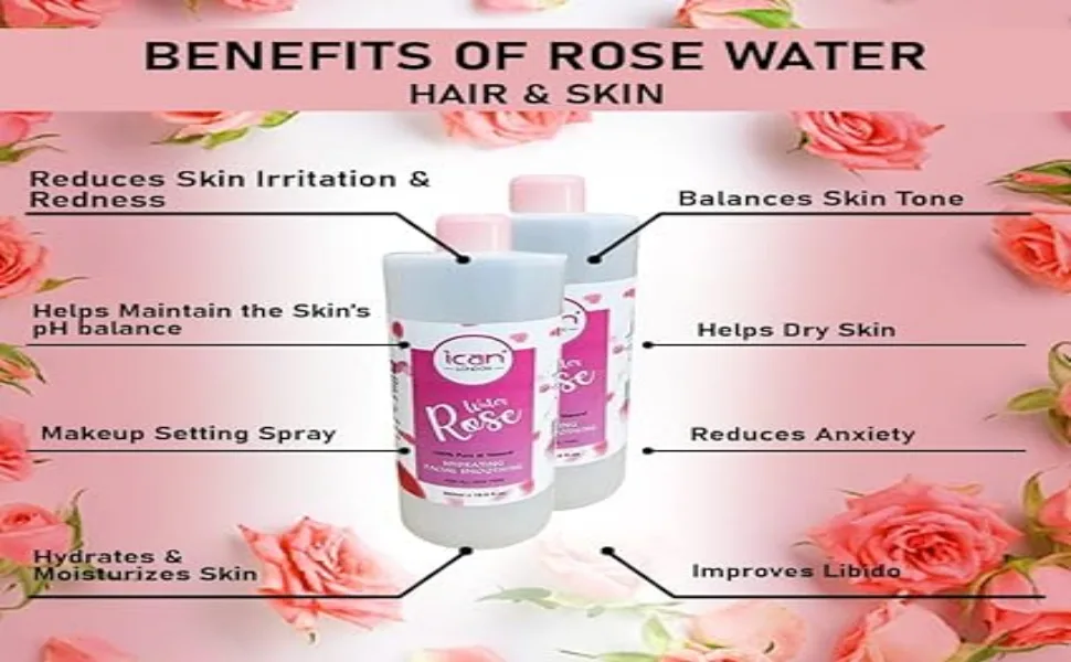 ican 100% Natural Rose Water Hydrating and Purifying pure rose water 2 x 500ml (1000ml) - rose 1