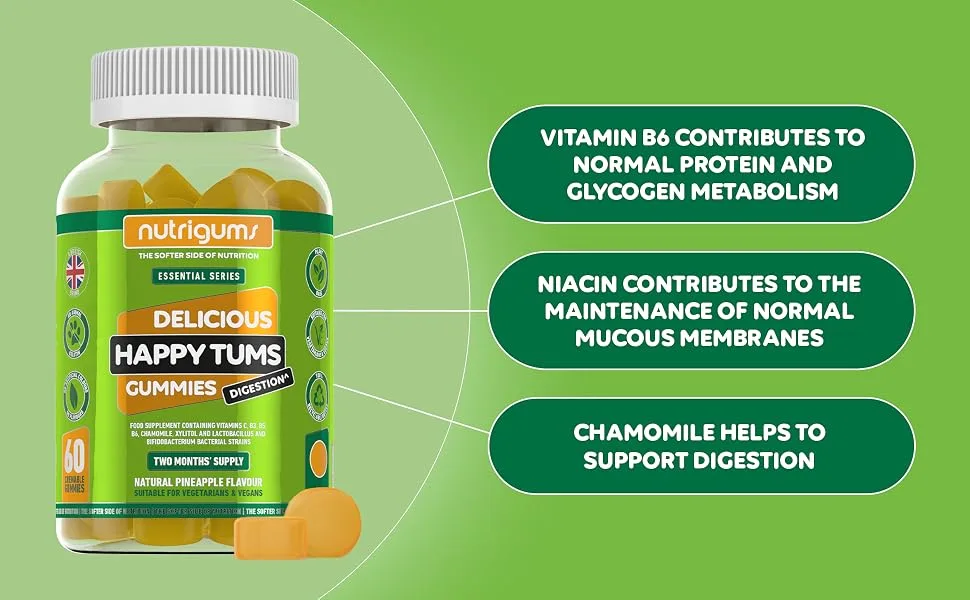 Happy Tums Digestive Complex Gummy | Pineapple Flavour | 60 Vegan Gummies | Vitamins C B3 B5 B6 and Chamomile 1000mg | Gut & Digestive Health by NUTRIGUMS  - nutrigums, happy tums, gut healht, digestion, vitamin gummies