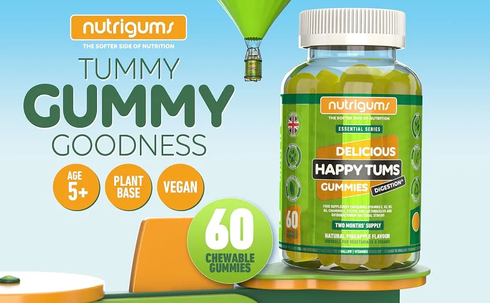 Happy Tums Digestive Complex Gummy | Pineapple Flavour | 60 Vegan Gummies | Vitamins C B3 B5 B6 and Chamomile 1000mg | Gut & Digestive Health by NUTRIGUMS  - nutrigums, happy tums, vitamin gummies, probiotic gummies,