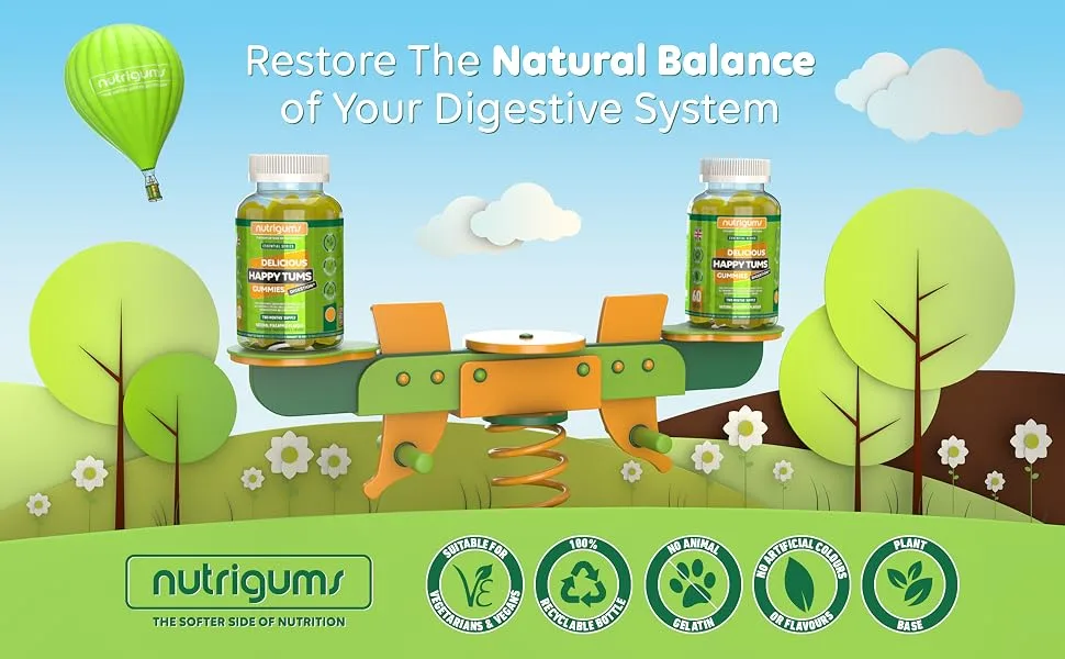 Happy Tums Digestive Complex Gummy | Pineapple Flavour | 60 Vegan Gummies | Vitamins C B3 B5 B6 and Chamomile 1000mg | Gut & Digestive Health by NUTRIGUMS  - nutrigums, happy tums, vitamin gummies, probiotic gummies, digestive gummies