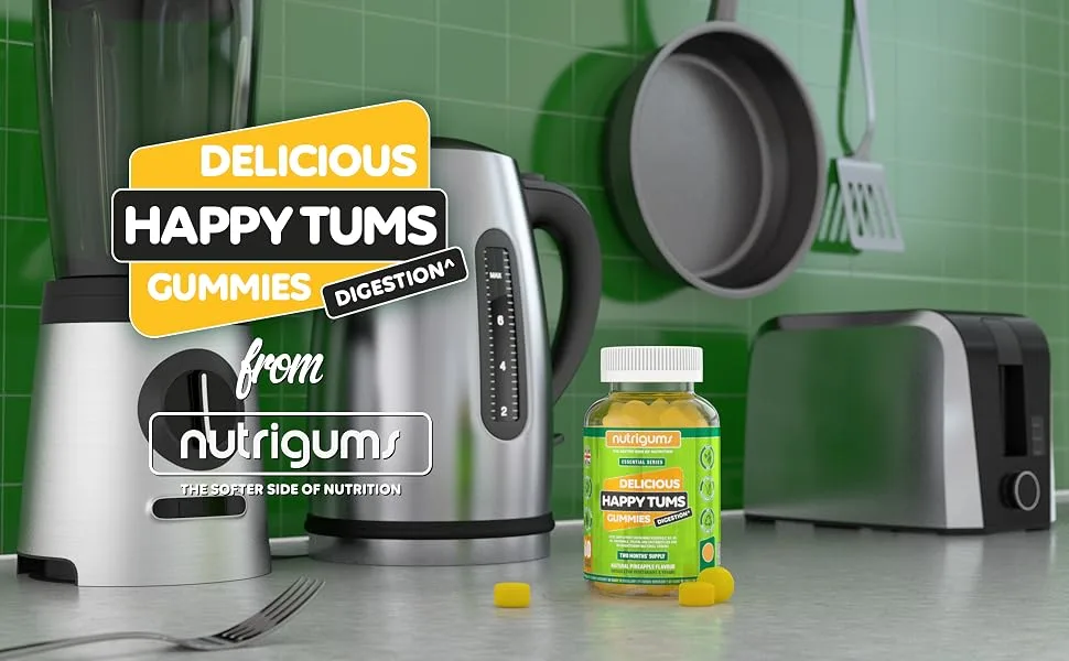 Happy Tums Digestive Complex Gummy | Pineapple Flavour | 60 Vegan Gummies | Vitamins C B3 B5 B6 and Chamomile 1000mg | Gut & Digestive Health by NUTRIGUMS  - nutrigums, happy tums, vitamin gummies
