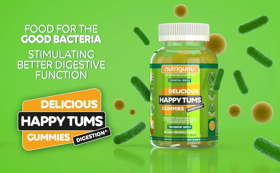 Happy Tums Digestive Complex Gummy | Pineapple Flavour | 60 Vegan Gummies | Vitamins C B3 B5 B6 and Chamomile 1000mg | Gut & Digestive Health by NUTRIGUMS  - nutrigums, vitamin gummies, happy tums, probiotic gummies, digestive gummies