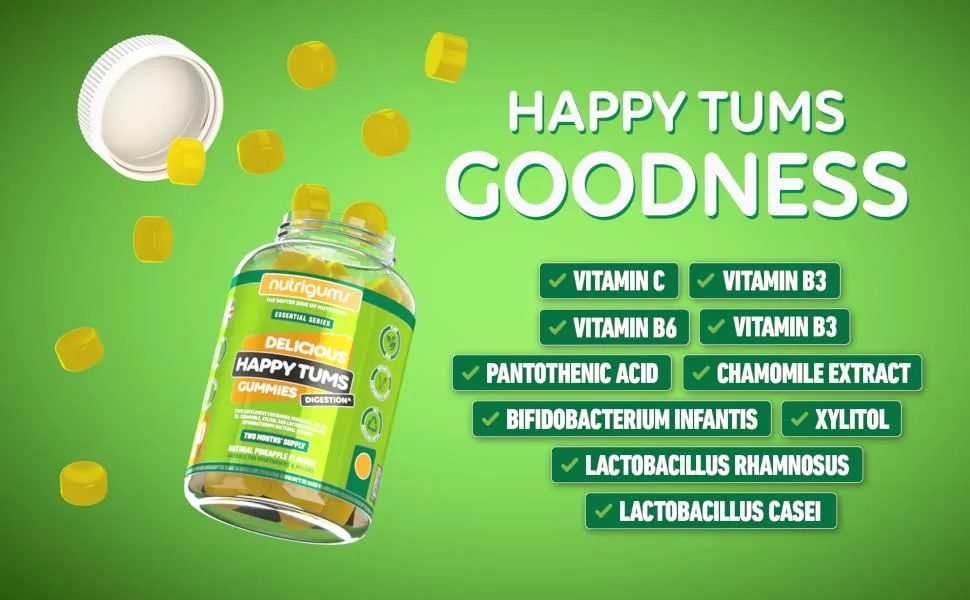 Happy Tums Digestive Complex Gummy | Pineapple Flavour | 60 Vegan Gummies | Vitamins C B3 B5 B6 and Chamomile 1000mg | Gut & Digestive Health by NUTRIGUMS  - nutrigums, vitamin gummies, happy tums, digestive gummies,