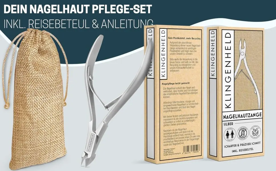 KLINGENHELD Precise Cuticle Nippers Very Smooth & Extra Sharp Includes Cotton Travel Bag 100% Plastic-Free & Sustainable Cuticle Scissors Cuticle Cutter KH-001-SILBER Silver - product information 1