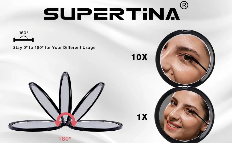 Supertina Mirror Compact for Purses Distortion Free Maginfying Travel Mirror 1x and 10x Magnification for Aging Eyes Applying Eye Makeup - travel mirror