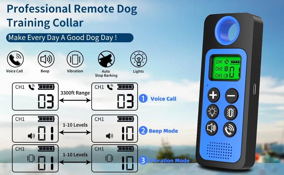 Dog Training Anti Bark Collar with Remote Vibration Beep Voice Call & Static Mode USB Rechargeable IP67 Waterproof Up 3300FT Range Harmless Auto Stop Barking Dog Device for Small Medium Large Dogs - product information 2