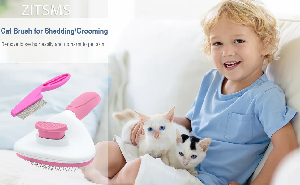 ZITSMS Cat Brush for Shedding and Grooming Pet Self Cleaning Slicker Brush with Cat Hair Comb(Grey) - cat brush