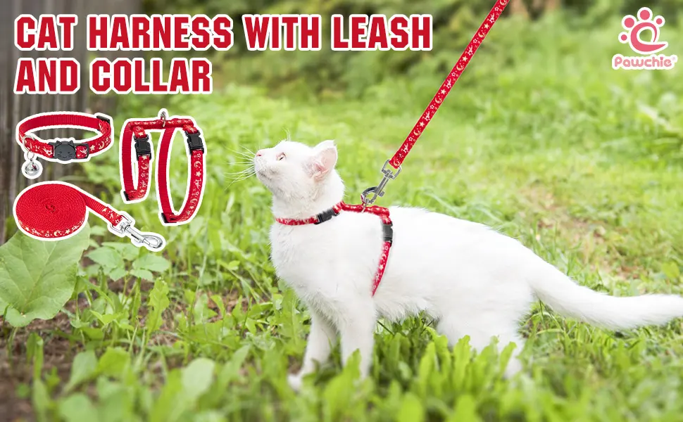PAWCHIE Cat Harness with Leash and Collar Set - Escape Proof Adjustable Cat Harness Glow in The Dark for Kitty Outdoor Walking Red - product information 1