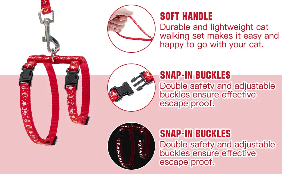 PAWCHIE Cat Harness with Leash and Collar Set - Escape Proof Adjustable Cat Harness Glow in The Dark for Kitty Outdoor Walking Red - product information 3