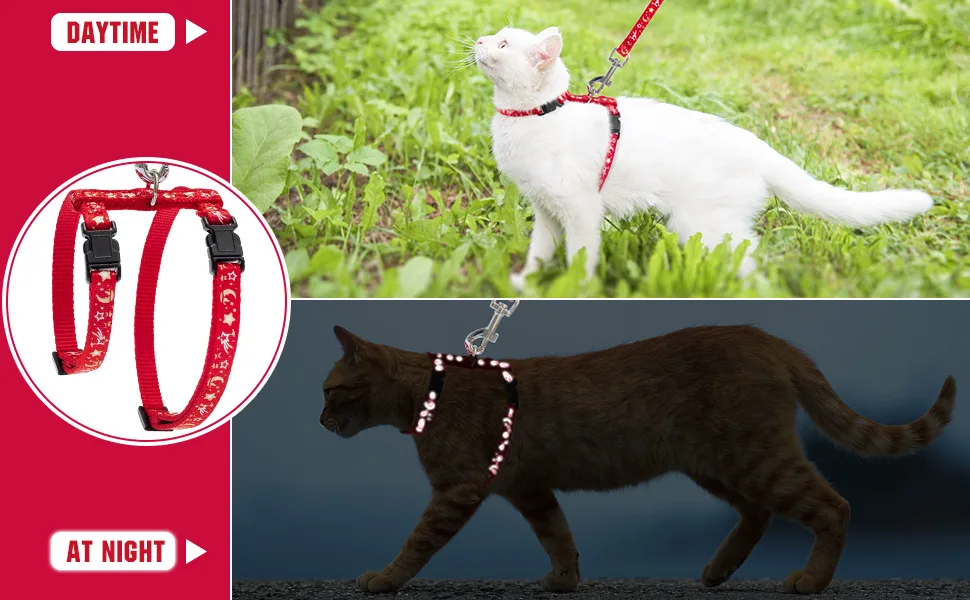 PAWCHIE Cat Harness with Leash and Collar Set - Escape Proof Adjustable Cat Harness Glow in The Dark for Kitty Outdoor Walking Red - product information 4