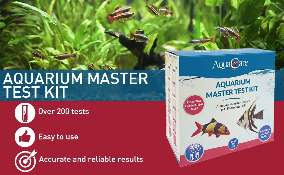 AquaCare 6 in 1 Aquarium Master Test Kit for Freshwater Aquariums includes tests for Ammonia Nitrite Nitrate pH Phosphate and KH - AquaCare Master Test Kit Header Image
