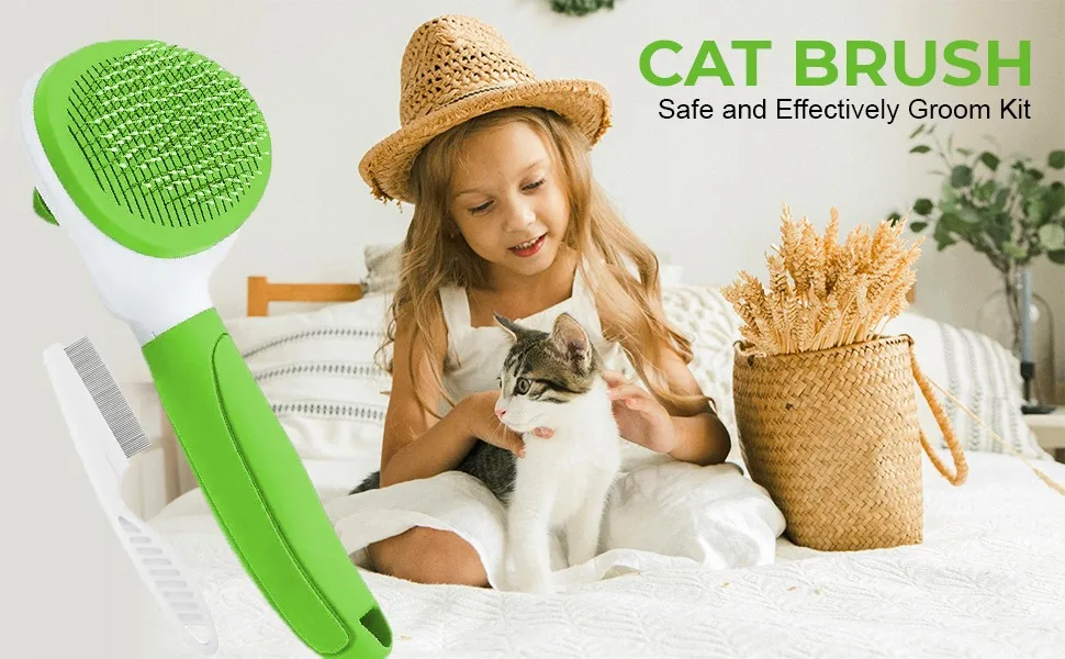 Cat Brush for Shedding and Grooming Pet Self Cleaning Slicker Brush with Cat Hair Comb(Green) - cat brush