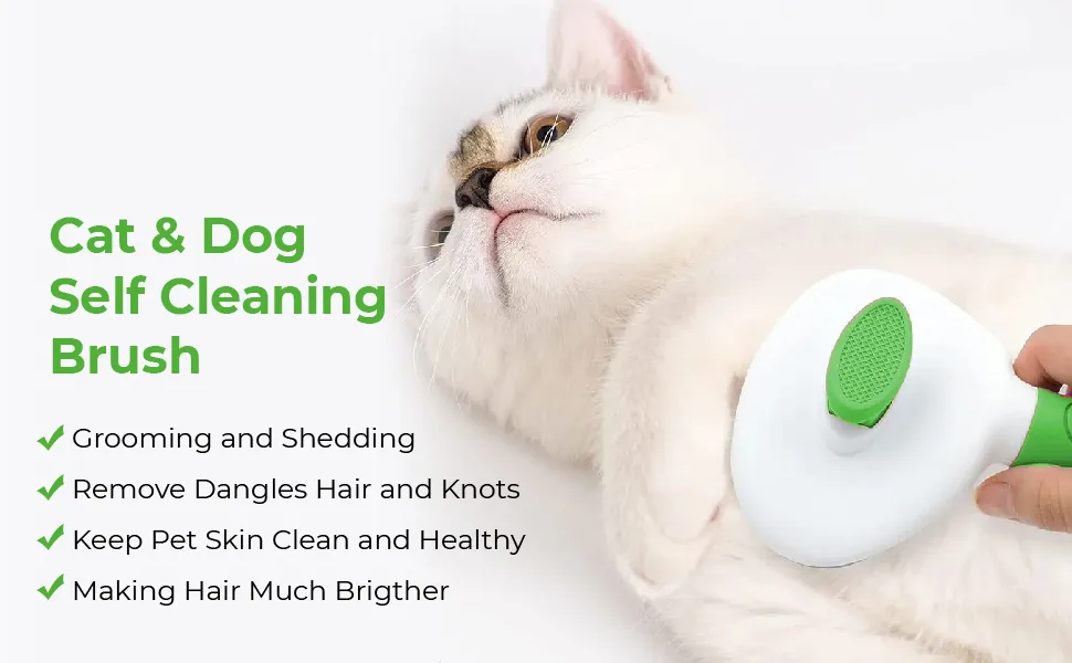 Cat Brush for Shedding and Grooming Pet Self Cleaning Slicker Brush with Cat Hair Comb(Green) - cat brush