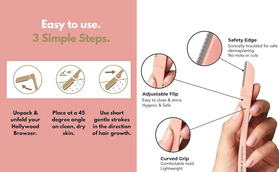 Hollywood Browzer Dermaplaning Tool for Face Eyebrow Shaping Removing Unwanted Hair Exfoliating Tool for Women - Royal Gold - product information 2