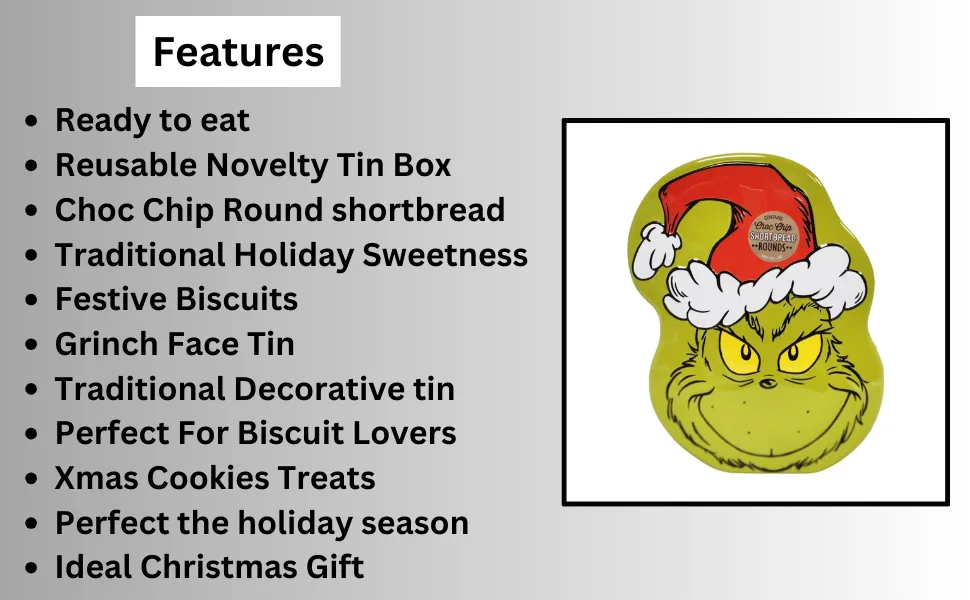 Whimsical Grinch Tin Delight Choc Chip Round Shortbread with a Festive Twist - Grinch Face Tin Shortbread Cookie Chocolate Chip Biscuits Treat Christmas Decor Holiday Gift