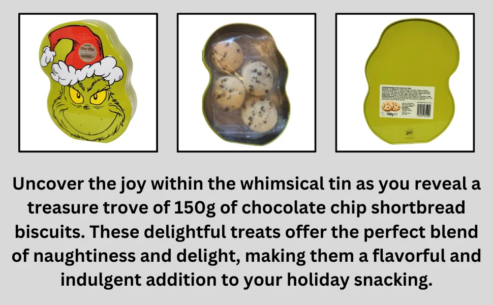 Whimsical Grinch Tin Delight Choc Chip Round Shortbread with a Festive Twist - Grinch Face Tin Shortbread Cookie Chocolate Chip Biscuits Treat Christmas Decor Holiday Gift