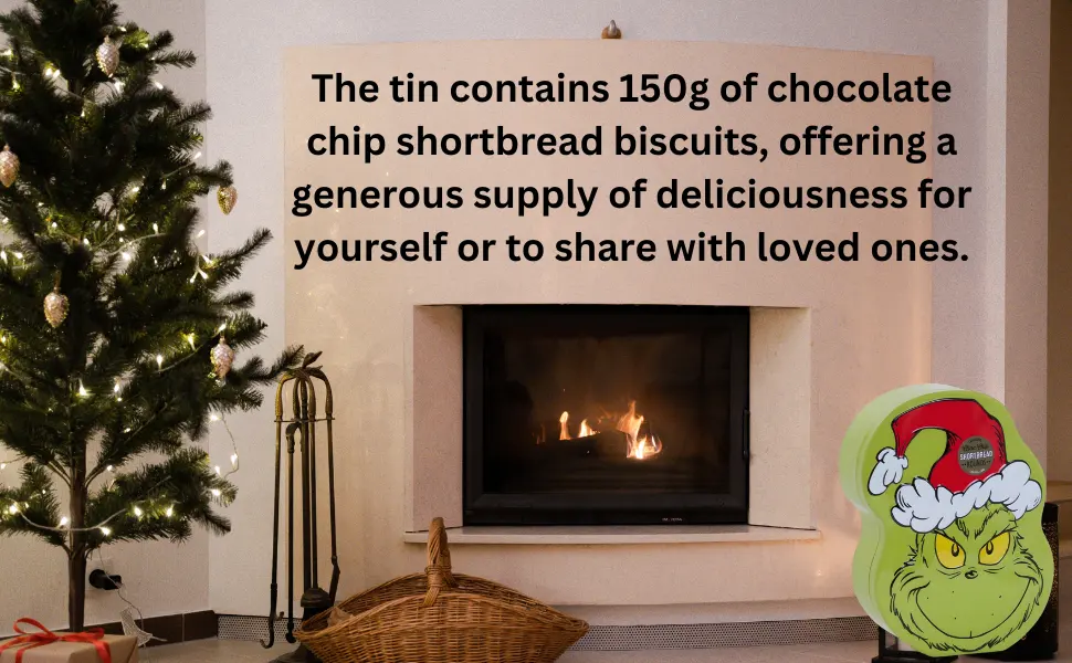 Whimsical Grinch Tin Delight Choc Chip Round Shortbread with a Festive Twist - Grinch Face Tin Shortbread Cookie Chocolate Chip Biscuits Treat Christmas Decor Holiday Gift