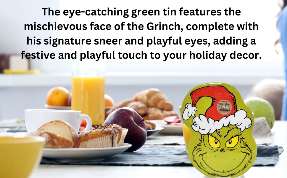 Whimsical Grinch Tin Delight Choc Chip Round Shortbread with a Festive Twist - Grinch Face Tin Shortbread Cookie Chocolate Chip Biscuits Treat Christmas Decor Holiday Gift