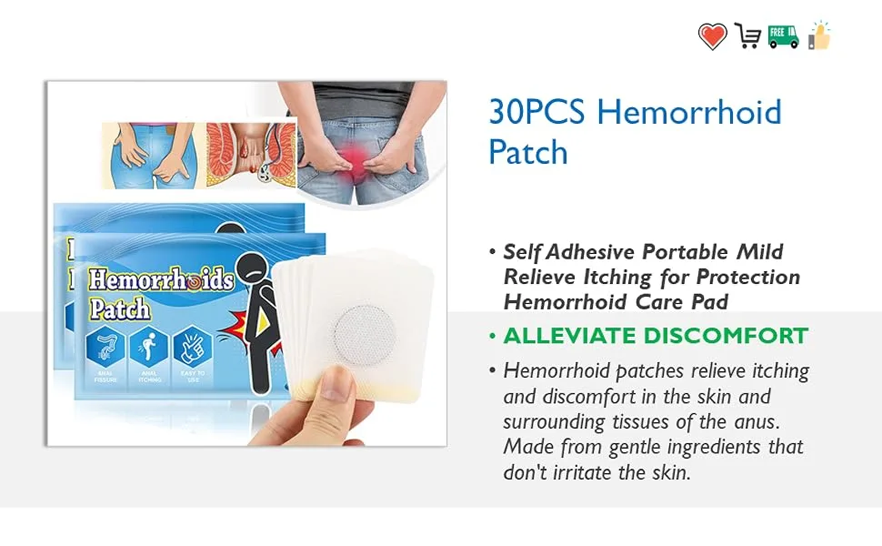 Uxsiya Hemorrhoid Patch Organics Hemorrhoid Pad Self Adhesive Portable Natural Mild Relieve Itching for Protection - 30PCS Hemorrhoid Patch