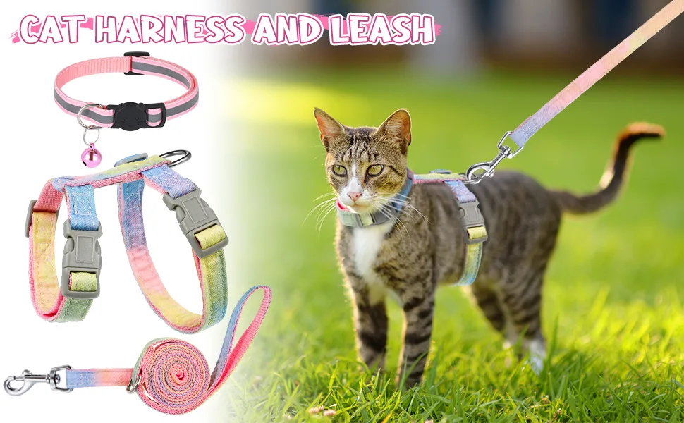 Pinenuts Cat Harness and Lead Set Escape Proof Cat Harnesses and Leash Soft Adjustable Cat Collars Rainbow Kitten Harness for Outdoor Walking - product information 2