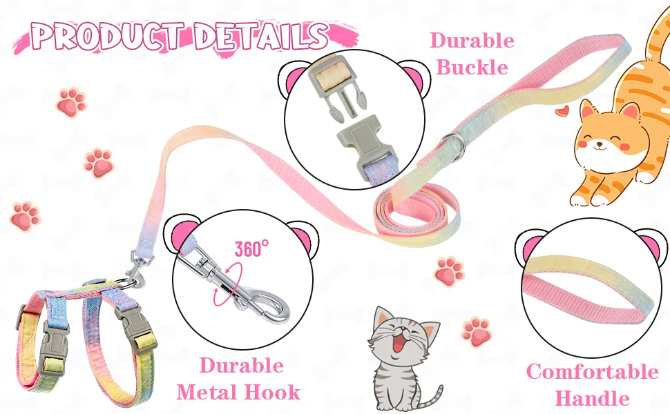 Pinenuts Cat Harness and Lead Set Escape Proof Cat Harnesses and Leash Soft Adjustable Cat Collars Rainbow Kitten Harness for Outdoor Walking - product information 3