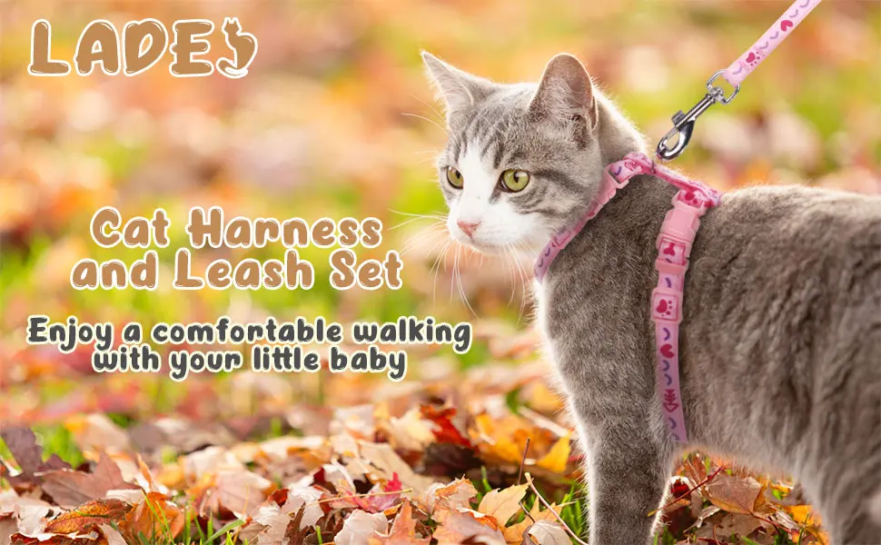 Cat Harness and Lead Set - Escape Proof Cat Harnesses Soft Adjustable Kitten Harness with Paw and Fish-Bone Patterns for Outdoor Walking (Pink) - Cat Harness and Lead Set