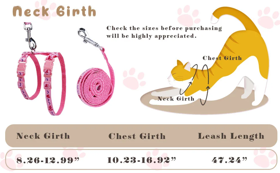 Cat Harness and Lead Set - Escape Proof Cat Harnesses Soft Adjustable Kitten Harness with Paw and Fish-Bone Patterns for Outdoor Walking (Pink) - Cat Harness and Lead Set