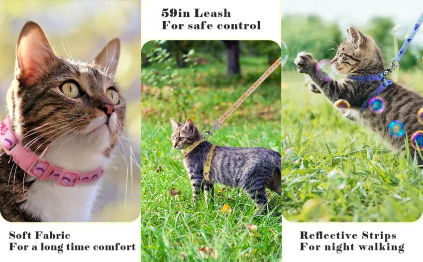 Cat Harness and Lead Set - Escape Proof Cat Harnesses Soft Adjustable Kitten Harness with Paw and Fish-Bone Patterns for Outdoor Walking (Pink) - Cat Harness and Lead Set