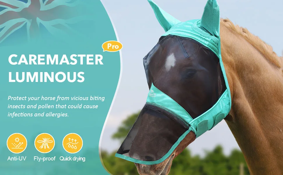 Harrison Howard CareMaster Pro Luminous Horse Fly Mask Long Nose with Ears UV Protection for Horse Summer Mint M Cob Cob (Medium) Summer Mint - image-1