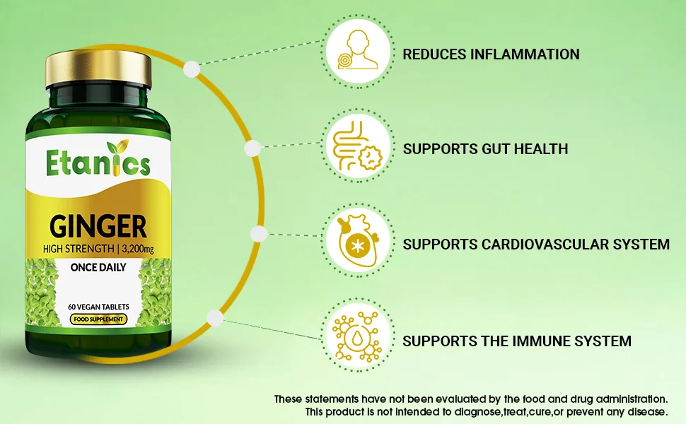 Etanics Ginger Capsules |High Strength 3200mg Ginger Root Extract Supplement | for Sickness Nausea & Joint Pain |Suitable for Vegetarians and Vegans - Made in The UK - product information 3