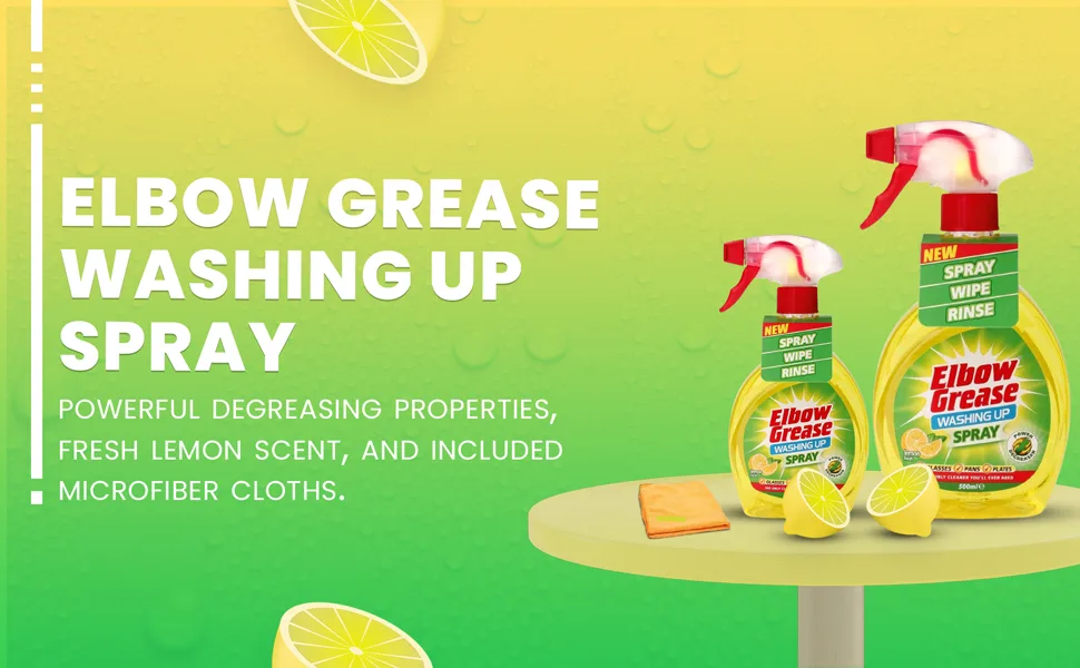 Elbow Grease Lemon Fresh Washing Up Spray 500ml - Power Degreaser Cleaner for Glasses Pans and Plates - Fresh Lemon Scented Formula - Includes 2 Karrma Microfiber Cloths - product information 2