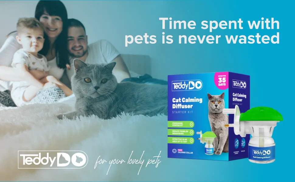 TeddyDo Calming Diffuser for Cats | UK Plug In |Days Starter Kit | Free Calming Collar | Reduce Spraying Scratching and Other Problematic Behaviors | Calming and Relaxing Effect | 48 ml - For you lovely pets
