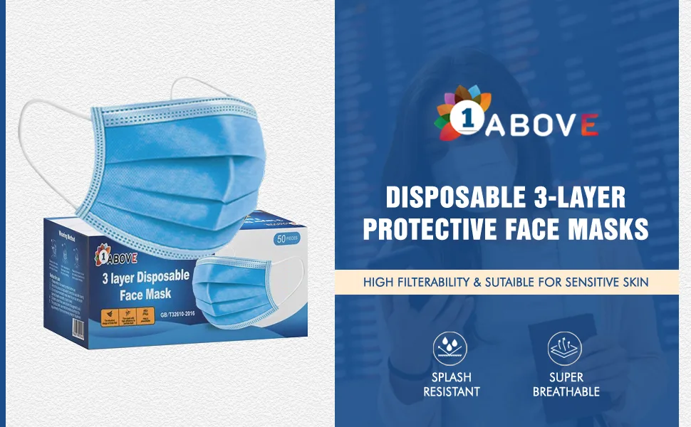 1Above 50pk- Disposable 3-Layer Protective Face Masks High Filterability Sutaible For Sensitive Skin - 1Above 50pk- Disposable 3-Layer Protective Face Masks