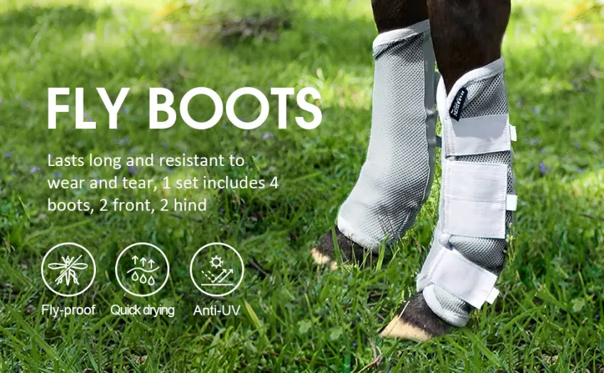 Harrison Howard Horse Fly Boots Four Leg Guards Fly Boots Protection Ruby-Set of 4 Full Size Silver - product information 2
