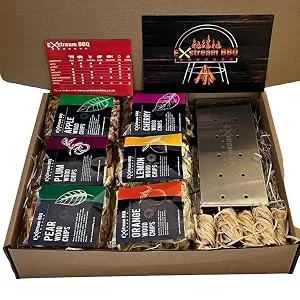 Exstream BBQ Fruit Wood Chip Selection Box - Apple Cherry Lemon Orange Pear Plum - Includes Smoker Box Flavour Chart Magnet & Wood Wool Firelighter - Fruit Wood Chip Selection Box