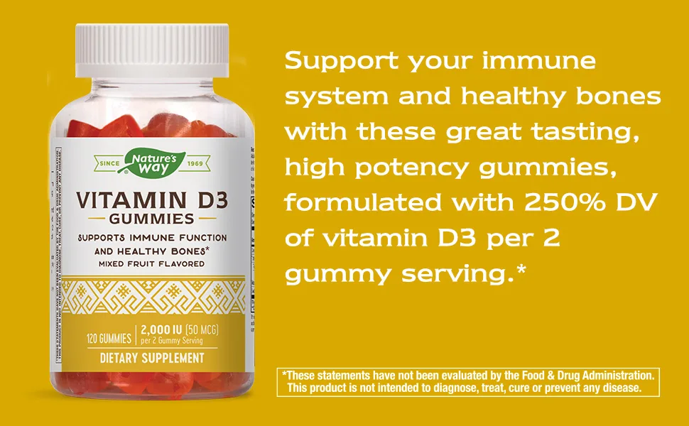 Nature's Way Vitamin D3 Gummies Mixed Fruit 50 mcg (2000 IU) 120 Gummies - High potency gummies Vitamin D3