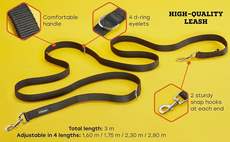 Vitazoo Dog Lead for Training - 3 m - Nylon Graphite Double Leash for Small Medium & Large Dogs - Adjustable Leads up to 4 Different Lengths - Black 3m Black - frame 3