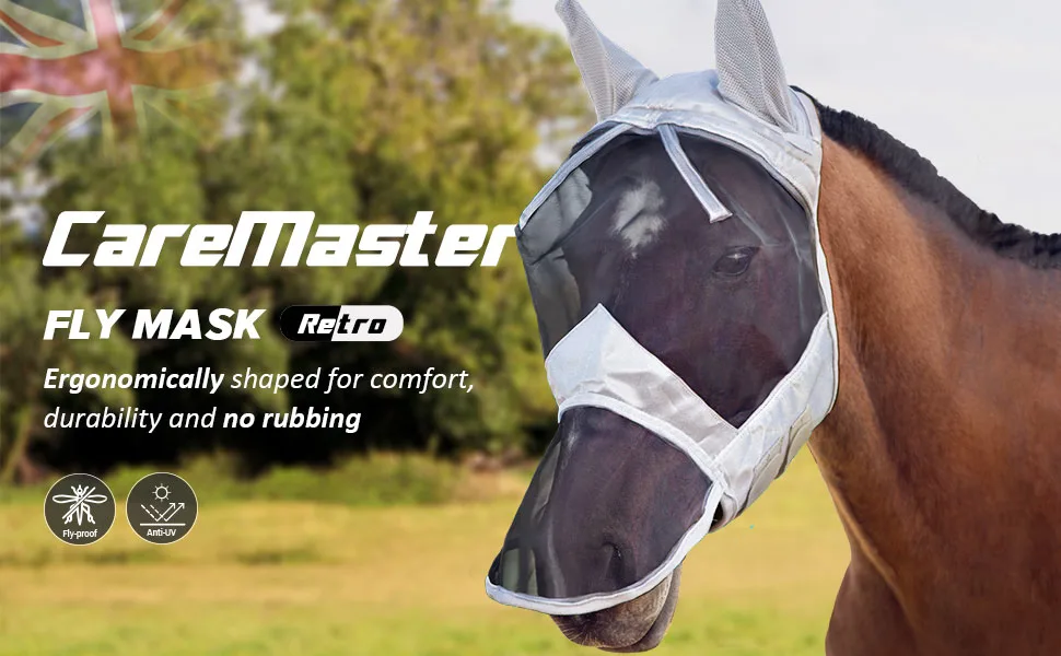 Harrison Howard CareMaster Horse Fly Mask Long Nose with Ears Full Face Silver/Black Retro Large Full Size Full (Large) Silver / Black - product information 2