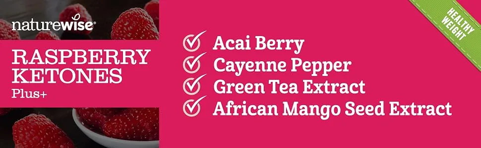 NatureWise Raspberry Ketones Plus+ 120 Vegetarian Capsules - raspberry ketones, acia, cayenne, green tea, african mango seed, detox, antioxidant, metabolism