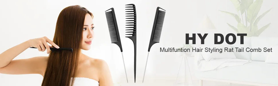 3pk Tail Combs Set - Wide Tooth Rat Tail Hair Comb 2pc Fine Tooth Pin Tail Combs with Metal Tail Parting Comb Sectioning Foiling Braiding for Hair Professionals - Rat Tail Hair Comb