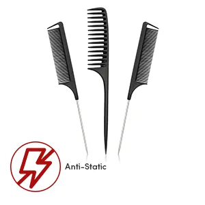 3pk Tail Combs Set - Wide Tooth Rat Tail Hair Comb 2pc Fine Tooth Pin Tail Combs with Metal Tail Parting Comb Sectioning Foiling Braiding for Hair Professionals - Rattail Comb Set