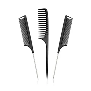 3pk Tail Combs Set - Wide Tooth Rat Tail Hair Comb 2pc Fine Tooth Pin Tail Combs with Metal Tail Parting Comb Sectioning Foiling Braiding for Hair Professionals - Rattail Hair Combs
