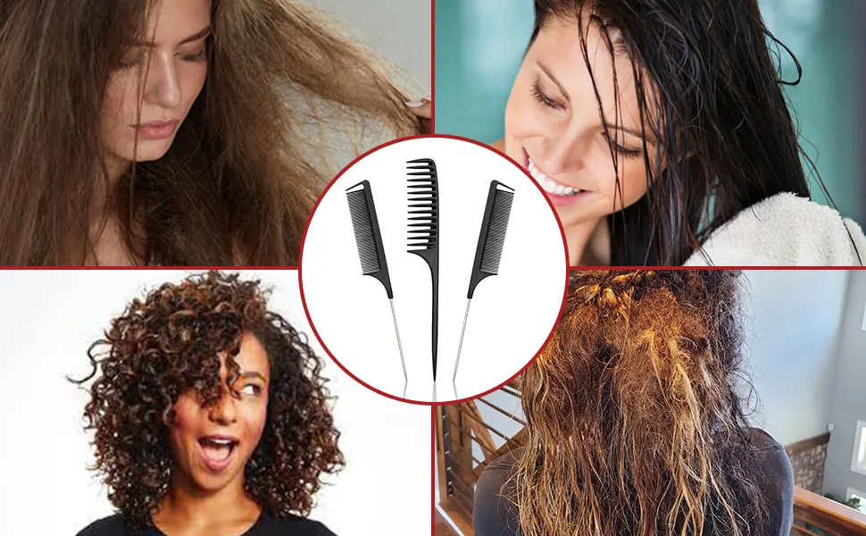 3pk Tail Combs Set - Wide Tooth Rat Tail Hair Comb 2pc Fine Tooth Pin Tail Combs with Metal Tail Parting Comb Sectioning Foiling Braiding for Hair Professionals - Stylings Combs