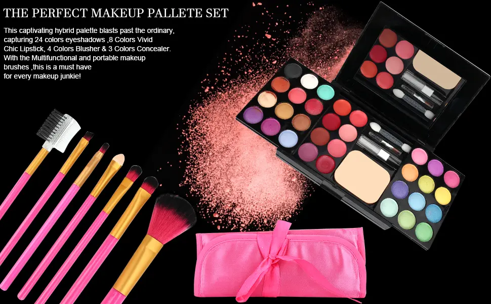 Makeup Brushes Cosmetic Palette Set TimeSong Professional Makeup Palette Kit (Include: Eyeshadow & Blusher & Face Powder & Lip Gloss) + Makeup Brushes Set (7pcs Pink Brushes) - eye shadows palette